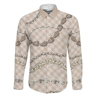Beige Aloha Hawaii Shell Lei Family Matching Summer Maxi Dress and Hawaiian Shirt Palaka Hebrew Cone Honey Cowrie Elegant Curves LT14 Dad's Shirt - Long Sleeve Beige - Polynesian Pride
