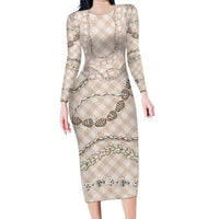 Beige Aloha Hawaii Shell Lei Long Sleeve Bodycon Dress Palaka Hebrew Cone Honey Cowrie Elegant Curves LT14 Long Dress Beige - Polynesian Pride