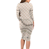Beige Aloha Hawaii Shell Lei Long Sleeve Bodycon Dress Palaka Hebrew Cone Honey Cowrie Elegant Curves LT14 - Polynesian Pride