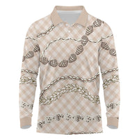 Beige Aloha Hawaii Shell Lei Long Sleeve Polo Shirt Palaka Hebrew Cone Honey Cowrie Elegant Curves - Polynesian Pride