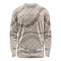 Beige Aloha Hawaii Shell Lei Long Sleeve Shirt Palaka Hebrew Cone Honey Cowrie Elegant Curves - Polynesian Pride