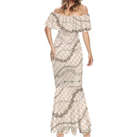 Beige Aloha Hawaii Shell Lei Mermaid Dress Palaka Hebrew Cone Honey Cowrie Elegant Curves - Polynesian Pride