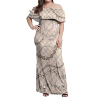Beige Aloha Hawaii Shell Lei Off Shoulder Maxi Dress Palaka Hebrew Cone Honey Cowrie Elegant Curves LT14 Women Beige - Polynesian Pride