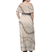 Beige Aloha Hawaii Shell Lei Off Shoulder Maxi Dress Palaka Hebrew Cone Honey Cowrie Elegant Curves LT14 - Polynesian Pride