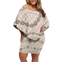 Beige Aloha Hawaii Shell Lei Off Shoulder Short Dress Palaka Hebrew Cone Honey Cowrie Elegant Curves LT14 Women Beige - Polynesian Pride