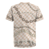 Beige Aloha Hawaii Shell Lei Rugby Jersey Palaka Hebrew Cone Honey Cowrie Elegant Curves - Polynesian Pride