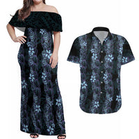 Purple Paradise Hawaii Shell Lei Couples Matching Off Shoulder Maxi Dress and Hawaiian Shirt Hawaiian Sunrise Shell Hebrew Cone Plumeria - Polynesian Pride