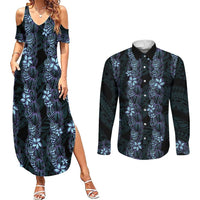 Purple Paradise Hawaii Shell Lei Couples Matching Summer Maxi Dress and Long Sleeve Button Shirt Hawaiian Sunrise Shell Hebrew Cone Plumeria - Polynesian Pride