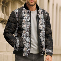 Black and Beige Hawaii Shell Lei Bomber Puffer Jacket Hawaiian Sunrise Shell Hebrew Cone Plumeria - Polynesian Pride