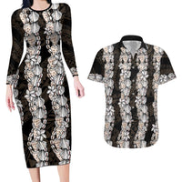 Black and Beige Hawaii Shell Lei Couples Matching Long Sleeve Bodycon Dress and Hawaiian Shirt Hawaiian Sunrise Shell Hebrew Cone Plumeria LT14 Black - Polynesian Pride