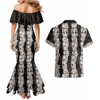 Black and Beige Hawaii Shell Lei Couples Matching Mermaid Dress and Hawaiian Shirt Hawaiian Sunrise Shell Hebrew Cone Plumeria LT14 - Polynesian Pride