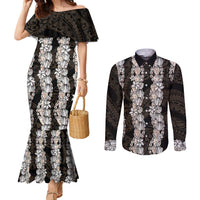 Black and Beige Hawaii Shell Lei Couples Matching Mermaid Dress and Long Sleeve Button Shirt Hawaiian Sunrise Shell Hebrew Cone Plumeria - Polynesian Pride