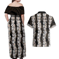 Black and Beige Hawaii Shell Lei Couples Matching Off Shoulder Maxi Dress and Hawaiian Shirt Hawaiian Sunrise Shell Hebrew Cone Plumeria - Polynesian Pride