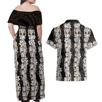 Black and Beige Hawaii Shell Lei Couples Matching Off Shoulder Maxi Dress and Hawaiian Shirt Hawaiian Sunrise Shell Hebrew Cone Plumeria - Polynesian Pride