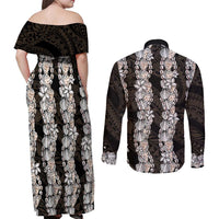 Black and Beige Hawaii Shell Lei Couples Matching Off Shoulder Maxi Dress and Long Sleeve Button Shirt Hawaiian Sunrise Shell Hebrew Cone Plumeria - Polynesian Pride