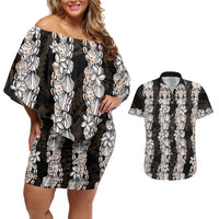 Black and Beige Hawaii Shell Lei Couples Matching Off Shoulder Short Dress and Hawaiian Shirt Hawaiian Sunrise Shell Hebrew Cone Plumeria - Polynesian Pride