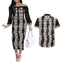 Black and Beige Hawaii Shell Lei Couples Matching Off The Shoulder Long Sleeve Dress and Hawaiian Shirt Hawaiian Sunrise Shell Hebrew Cone Plumeria LT14 Black - Polynesian Pride