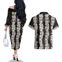 Black and Beige Hawaii Shell Lei Couples Matching Off The Shoulder Long Sleeve Dress and Hawaiian Shirt Hawaiian Sunrise Shell Hebrew Cone Plumeria LT14 - Polynesian Pride