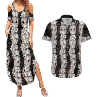 Black and Beige Hawaii Shell Lei Couples Matching Summer Maxi Dress and Hawaiian Shirt Hawaiian Sunrise Shell Hebrew Cone Plumeria - Polynesian Pride