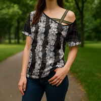 Black and Beige Hawaii Shell Lei Cross Shoulder Shirt Hawaiian Sunrise Shell Hebrew Cone Plumeria - Polynesian Pride