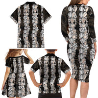 Black and Beige Hawaii Shell Lei Family Matching Long Sleeve Bodycon Dress and Hawaiian Shirt Hawaiian Sunrise Shell Hebrew Cone Plumeria LT14 - Polynesian Pride