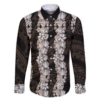 Black and Beige Hawaii Shell Lei Family Matching Long Sleeve Bodycon Dress and Hawaiian Shirt Hawaiian Sunrise Shell Hebrew Cone Plumeria LT14 Dad's Shirt - Long Sleeve Black - Polynesian Pride