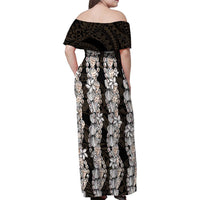 Black and Beige Hawaii Shell Lei Family Matching Off Shoulder Maxi Dress and Hawaiian Shirt Hawaiian Sunrise Shell Hebrew Cone Plumeria LT14 - Polynesian Pride
