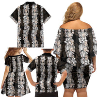 Black and Beige Hawaii Shell Lei Family Matching Off Shoulder Short Dress and Hawaiian Shirt Hawaiian Sunrise Shell Hebrew Cone Plumeria LT14 - Polynesian Pride