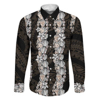 Black and Beige Hawaii Shell Lei Family Matching Off Shoulder Short Dress and Hawaiian Shirt Hawaiian Sunrise Shell Hebrew Cone Plumeria LT14 Dad's Shirt - Long Sleeve Black - Polynesian Pride