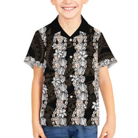 Black and Beige Hawaii Shell Lei Family Matching Off Shoulder Short Dress and Hawaiian Shirt Hawaiian Sunrise Shell Hebrew Cone Plumeria LT14 Son's Shirt Black - Polynesian Pride