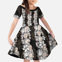 Black and Beige Hawaii Shell Lei Family Matching Short Sleeve Bodycon Dress and Hawaiian Shirt Hawaiian Sunrise Shell Hebrew Cone Plumeria LT14 Daughter's Dress Black - Polynesian Pride