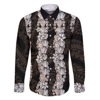 Black and Beige Hawaii Shell Lei Family Matching Short Sleeve Bodycon Dress and Hawaiian Shirt Hawaiian Sunrise Shell Hebrew Cone Plumeria LT14 Dad's Shirt - Long Sleeve Black - Polynesian Pride