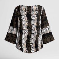 Black and Beige Hawaii Shell Lei Kimono Sleeve Blouse Hawaiian Sunrise Shell Hebrew Cone Plumeria - Polynesian Pride