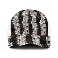 Black and Beige Hawaii Shell Lei Mesh Trucker Cap Hawaiian Sunrise Shell Hebrew Cone Plumeria - Polynesian Pride