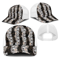 Black and Beige Hawaii Shell Lei Mesh Trucker Cap Hawaiian Sunrise Shell Hebrew Cone Plumeria - Polynesian Pride