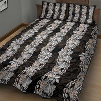 Black and Beige Hawaii Shell Lei Quilt Bed Set Hawaiian Sunrise Shell Hebrew Cone Plumeria - Polynesian Pride