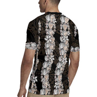 Black and Beige Hawaii Shell Lei Rugby Jersey Hawaiian Sunrise Shell Hebrew Cone Plumeria - Polynesian Pride