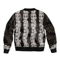 Black and Beige Hawaii Shell Lei Sleeve Zip Bomber Jacket Hawaiian Sunrise Shell Hebrew Cone Plumeria - Polynesian Pride