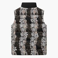 Black and Beige Hawaii Shell Lei Sleeveless Puffer Jacket Hawaiian Sunrise Shell Hebrew Cone Plumeria - Polynesian Pride