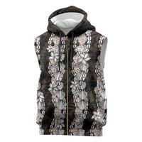 Black and Beige Hawaii Shell Lei Sleeveless Zip Hoodie Hawaiian Sunrise Shell Hebrew Cone Plumeria - Polynesian Pride