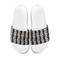 Black and Beige Hawaii Shell Lei Slide Sandals Hawaiian Sunrise Shell Hebrew Cone Plumeria - Polynesian Pride