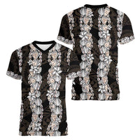 Black and Beige Hawaii Shell Lei Women V-Neck T-Shirt Hawaiian Sunrise Shell Hebrew Cone Plumeria - Polynesian Pride