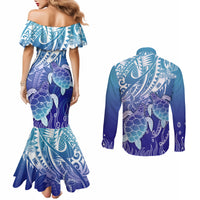 Polynesia Sea Turtle Couples Matching Mermaid Dress and Long Sleeve Button Shirt Happy Valentine Day Polynesian - Dark Cyan LT14 - Polynesian Pride