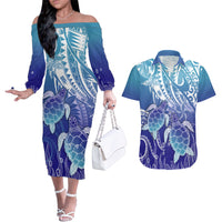 Polynesia Sea Turtle Couples Matching Off The Shoulder Long Sleeve Dress and Hawaiian Shirt Happy Valentine Day Polynesian - Dark Cyan LT14 Dark Cyan - Polynesian Pride