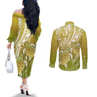 Polynesia Sea Turtle Couples Matching Off The Shoulder Long Sleeve Dress and Long Sleeve Button Shirt Happy Valentine Day Polynesian - Gold LT14 - Polynesian Pride