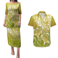Polynesia Sea Turtle Couples Matching Puletasi Dress and Hawaiian Shirt Happy Valentine Day Polynesian - Gold LT14 Gold - Polynesian Pride