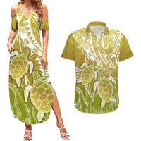 Polynesia Sea Turtle Couples Matching Summer Maxi Dress and Hawaiian Shirt Happy Valentine Day Polynesian - Gold LT14 Gold - Polynesian Pride