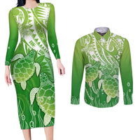 Polynesia Sea Turtle Couples Matching Long Sleeve Bodycon Dress and Long Sleeve Button Shirt Happy Valentine Day Polynesian - Green LT14 Green - Polynesian Pride