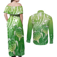 Polynesia Sea Turtle Couples Matching Off Shoulder Maxi Dress and Long Sleeve Button Shirt Happy Valentine Day Polynesian - Green LT14 - Polynesian Pride