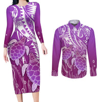 Polynesia Valentine Day Couples Matching Long Sleeve Bodycon Dress and Long Sleeve Button Shirt Polynesian Sea Turtle Purple Version LT14 Purple - Polynesian Pride